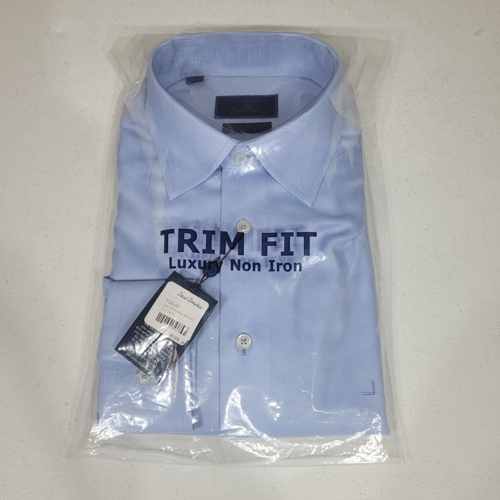 David Donahue Dress Shirt Mens 17.5 34-35 Blue White Stripe Trim Fit Luxury